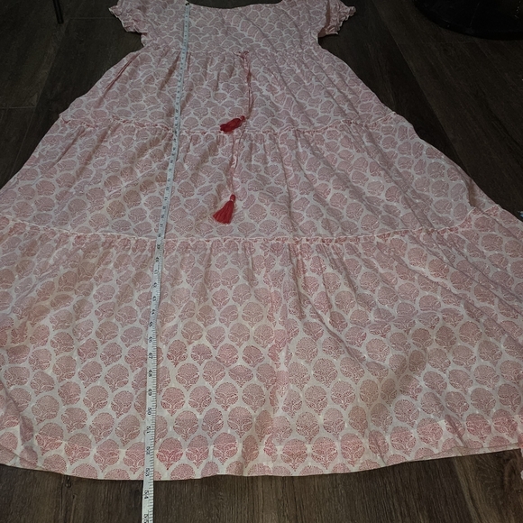 Roller Rabbit Pink Block Print Boho Maxi Dress XXS (L) Cotton Lined Tassel Tie - Picture 9 of 13